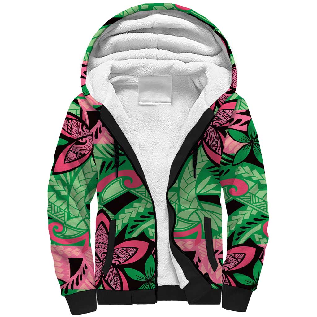 Plumeria Polynesian Pattern Sherpa Hoodie Unique Fantasy Green Pink LT01 Unisex Green - Polynesian Pride