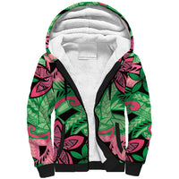 Plumeria Polynesian Pattern Sherpa Hoodie Unique Fantasy Green Pink LT01 Unisex Green - Polynesian Pride
