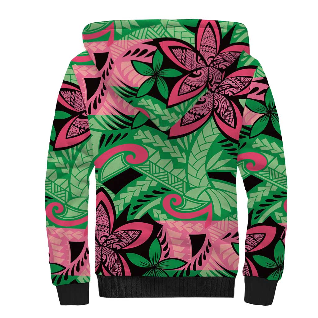 Plumeria Polynesian Pattern Sherpa Hoodie Unique Fantasy Green Pink LT01 - Polynesian Pride