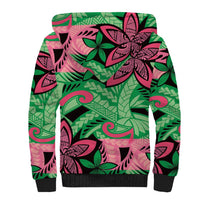 Plumeria Polynesian Pattern Sherpa Hoodie Unique Fantasy Green Pink LT01 - Polynesian Pride