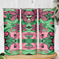 Plumeria Polynesian Pattern Skinny Tumbler Unique Fantasy Green Pink