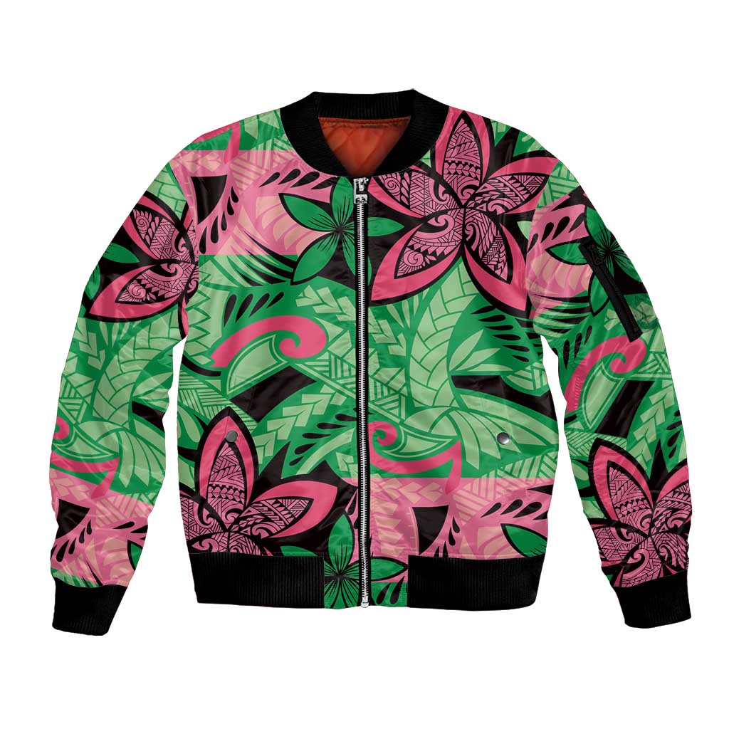 Plumeria Polynesian Pattern Sleeve Zip Bomber Jacket Unique Fantasy Green Pink