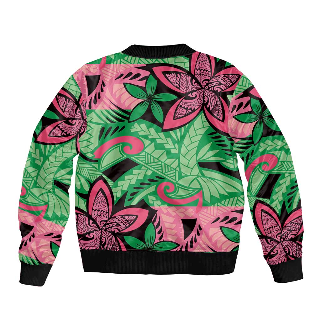 Plumeria Polynesian Pattern Sleeve Zip Bomber Jacket Unique Fantasy Green Pink