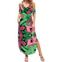 Plumeria Polynesian Pattern Summer Maxi Dress Unique Fantasy Green Pink