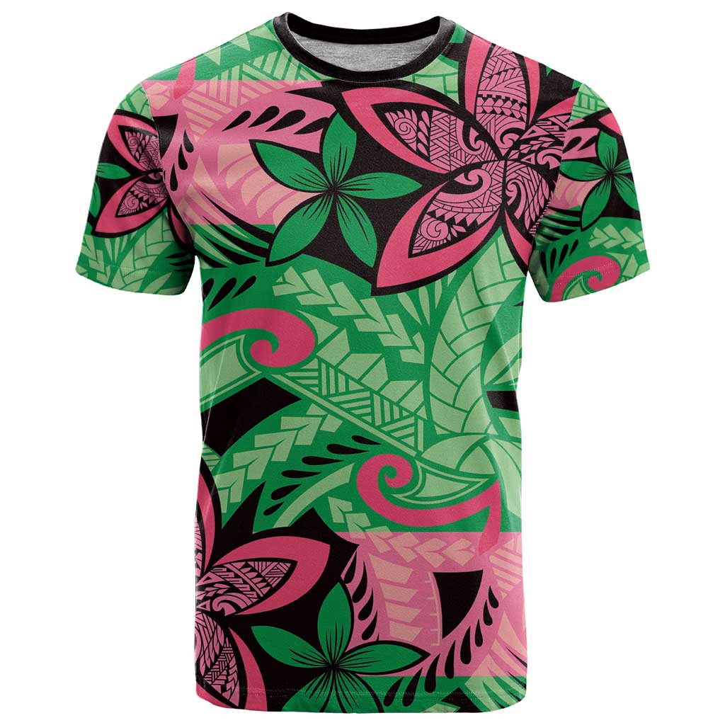 Plumeria Polynesian Pattern T Shirt Unique Fantasy Green Pink