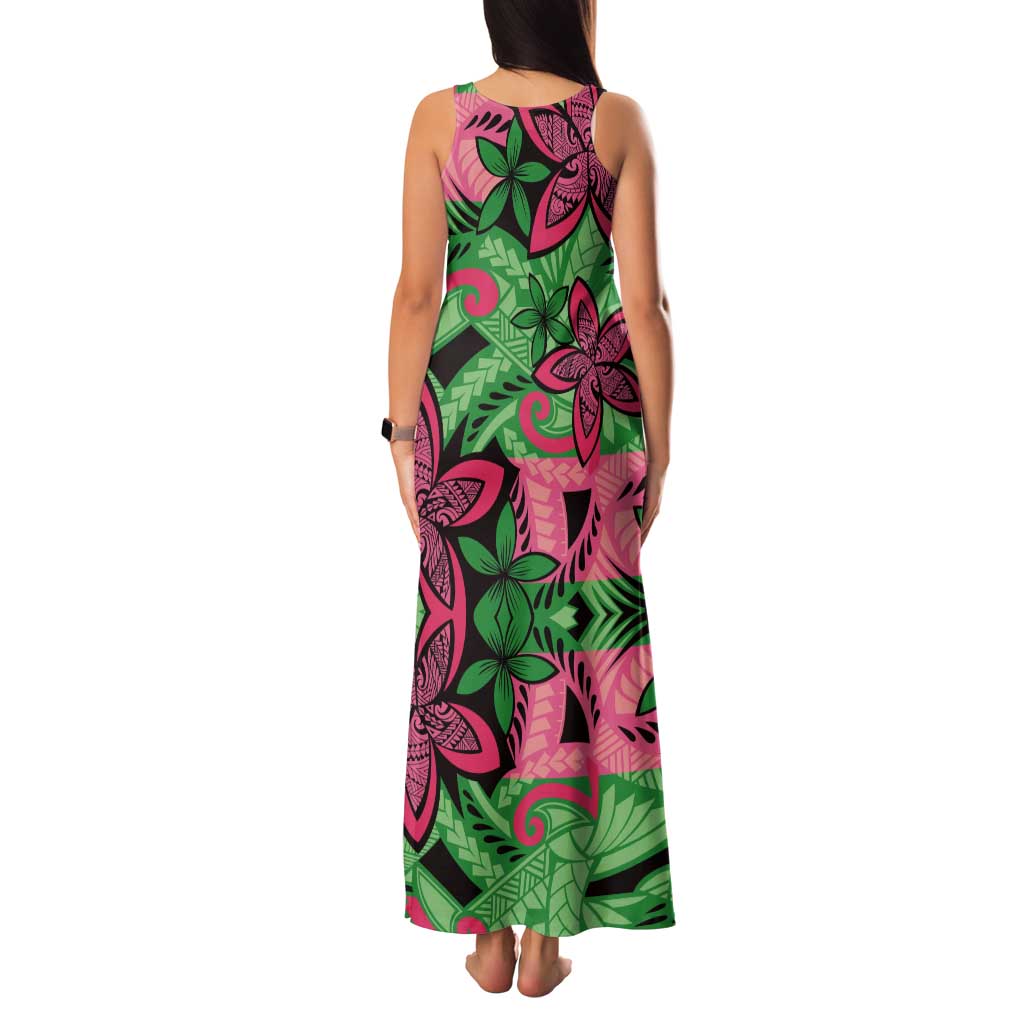Plumeria Polynesian Pattern Tank Maxi Dress Unique Fantasy Green Pink