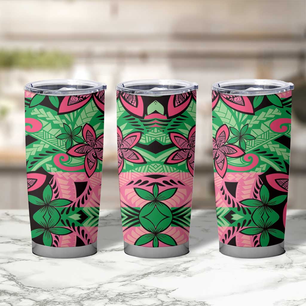 Plumeria Polynesian Pattern Tumbler Cup Unique Fantasy Green Pink