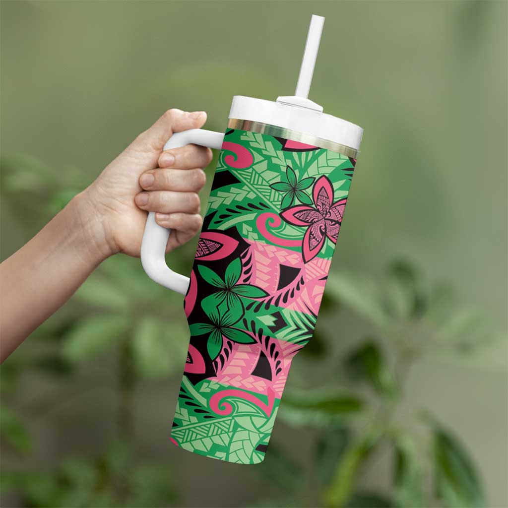 Plumeria Polynesian Pattern Tumbler With Handle Unique Fantasy Green Pink
