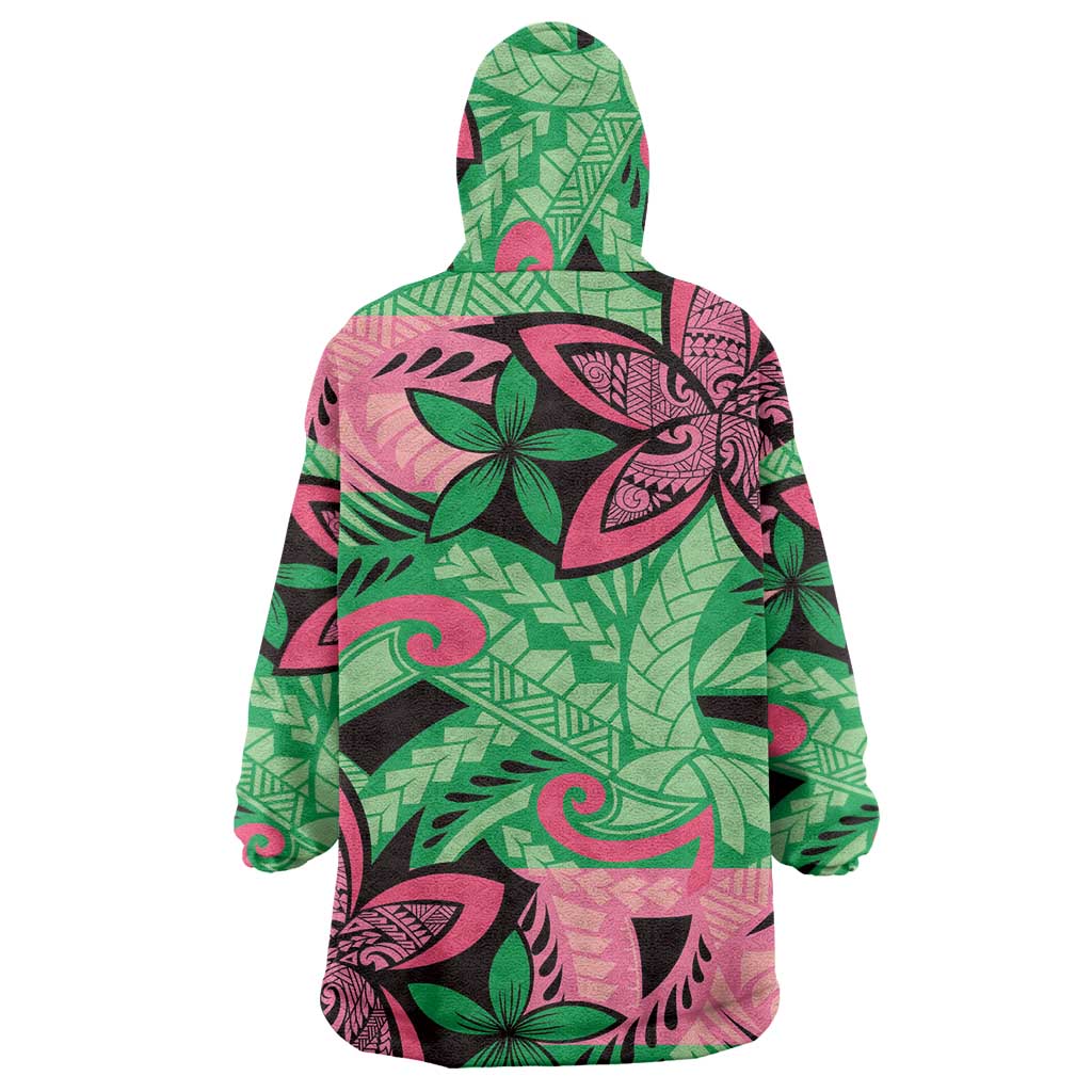 Plumeria Polynesian Pattern Wearable Blanket Hoodie Unique Fantasy Green Pink LT01 - Polynesian Pride