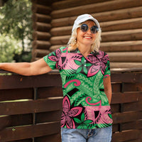 Plumeria Polynesian Pattern Women Polo Shirt Unique Fantasy Green Pink
