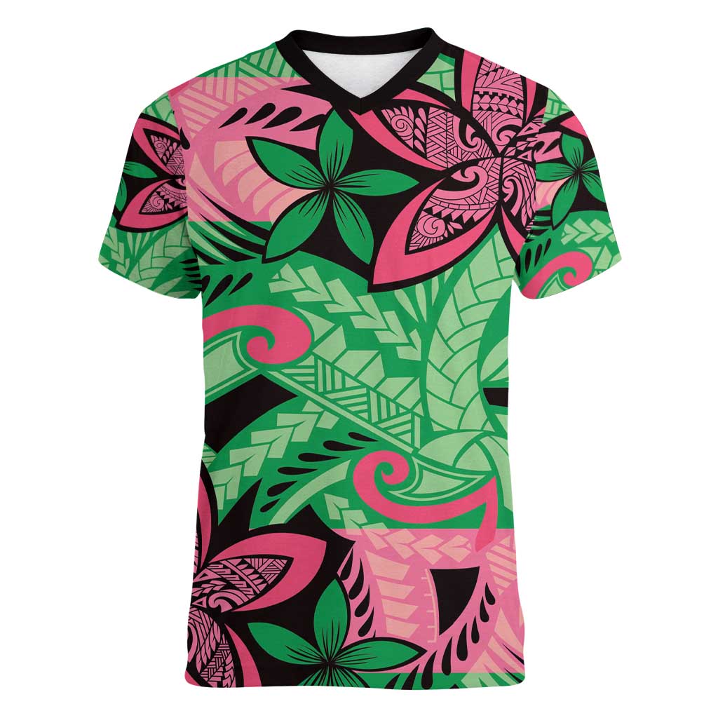 Plumeria Polynesian Pattern Women V-Neck T-Shirt Unique Fantasy Green Pink