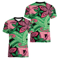 Plumeria Polynesian Pattern Women V-Neck T-Shirt Unique Fantasy Green Pink