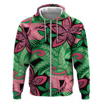 Plumeria Polynesian Pattern Zip Hoodie Unique Fantasy Green Pink