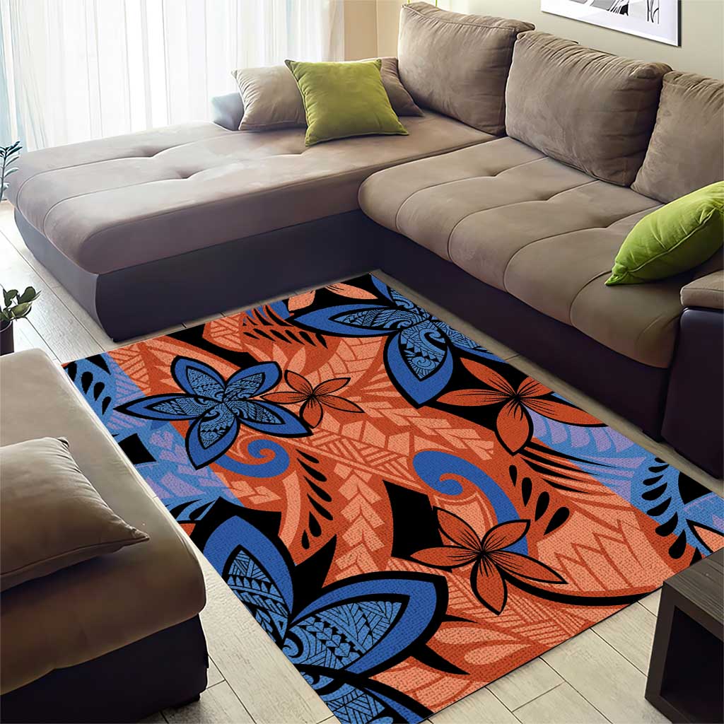 Plumeria Polynesian Pattern Area Rug Unique Fantasy Orange Blue