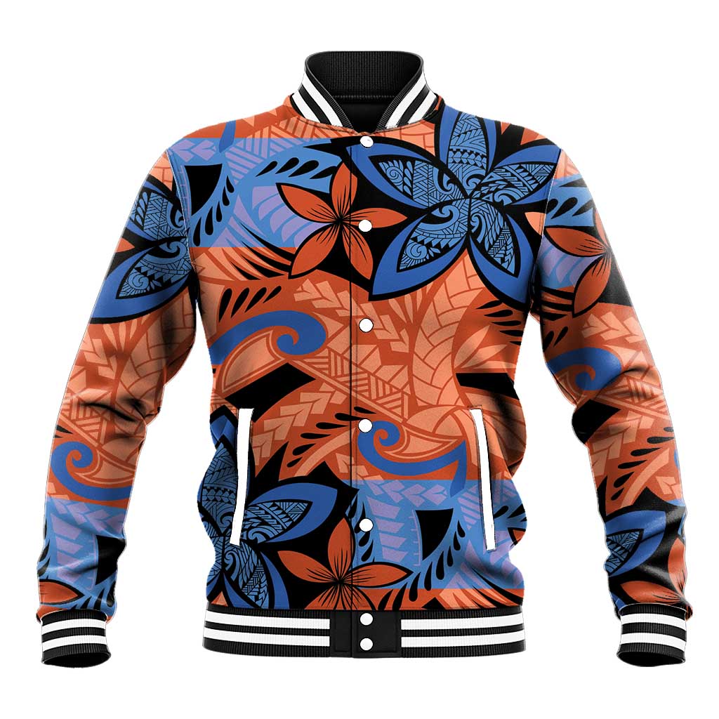 Plumeria Polynesian Pattern Baseball Jacket Unique Fantasy Orange Blue LT01 Unisex Orange - Polynesian Pride