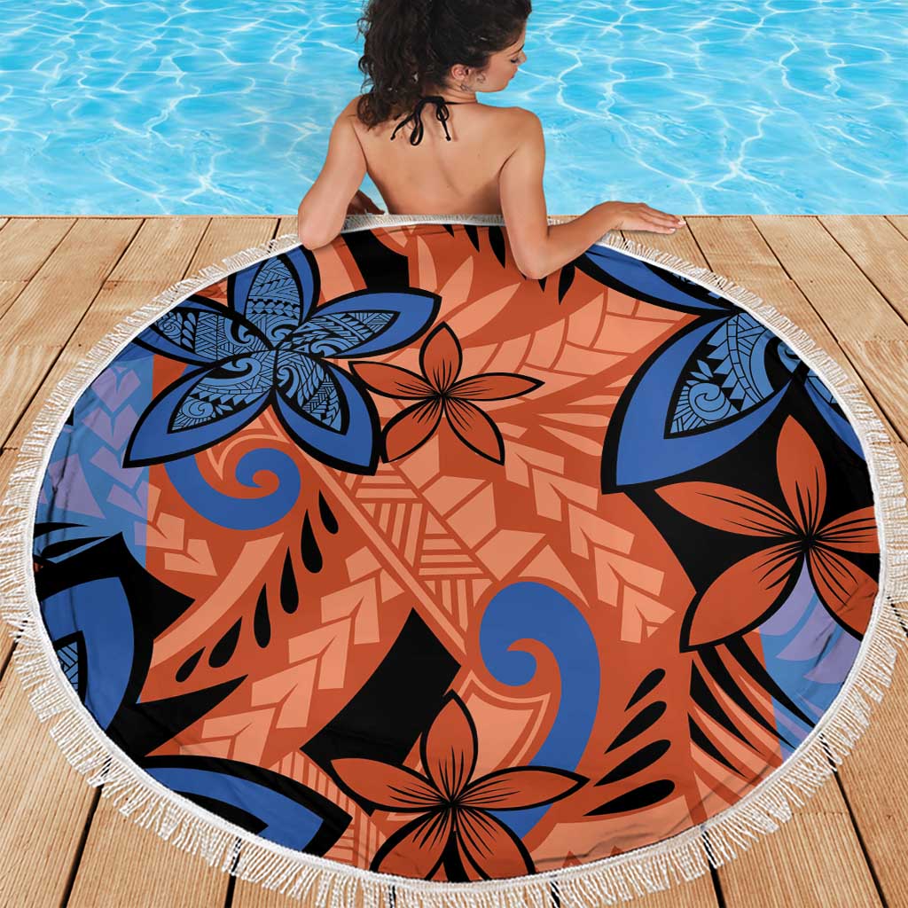 Plumeria Polynesian Pattern Beach Blanket Unique Fantasy Orange Blue LT01 - Polynesian Pride