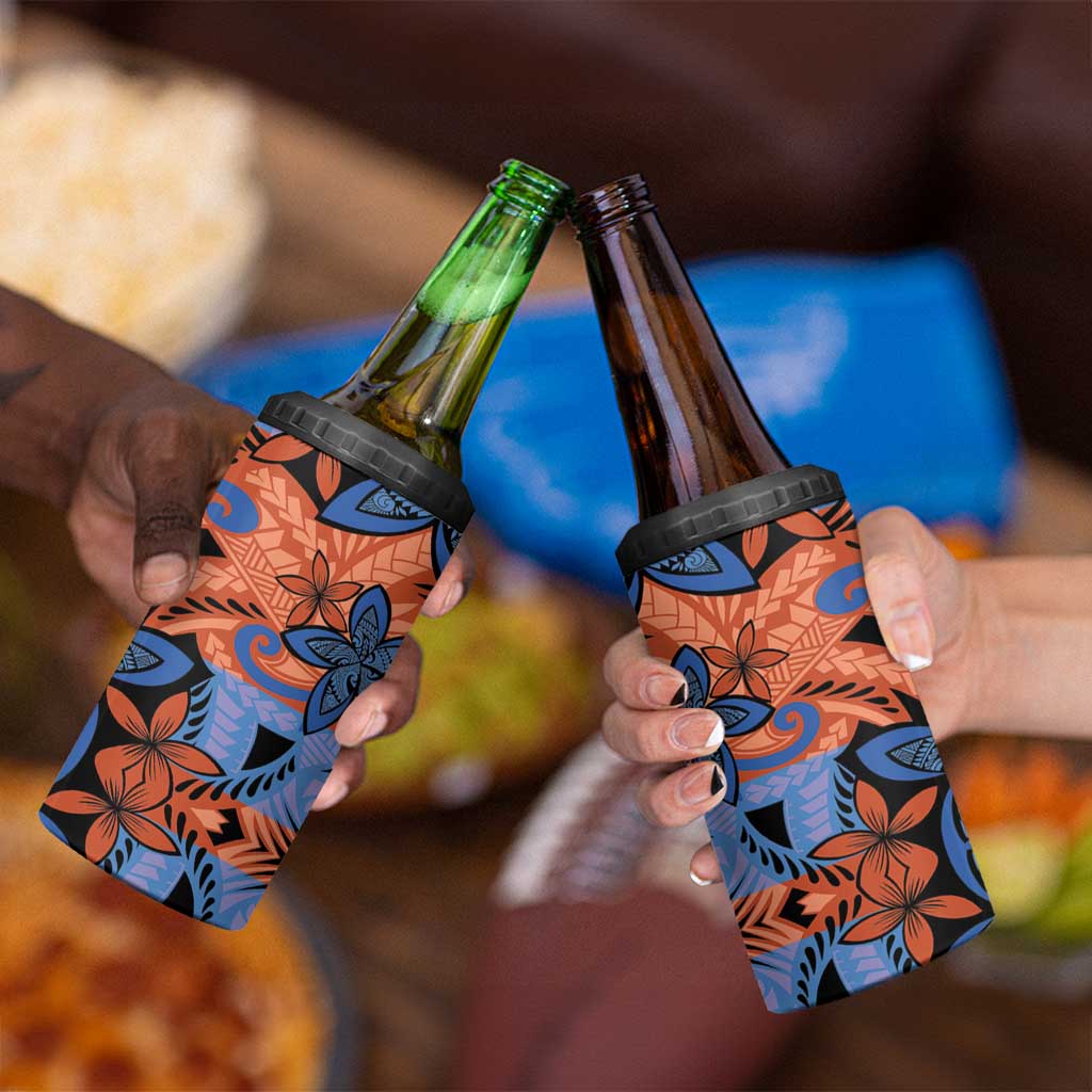 Plumeria Polynesian Pattern 4 in 1 Can Cooler Tumbler Unique Fantasy Orange Blue