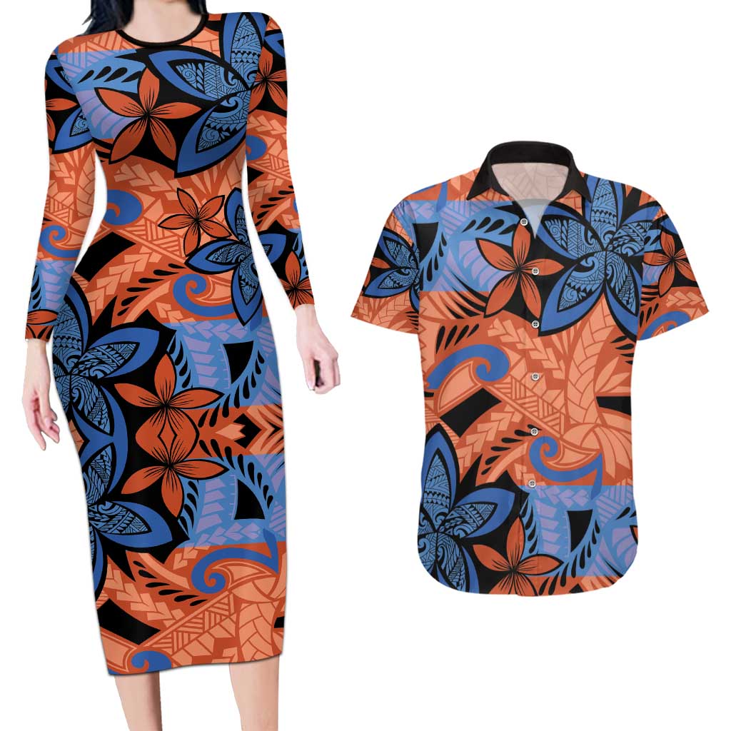 Plumeria Polynesian Pattern Couples Matching Long Sleeve Bodycon Dress and Hawaiian Shirt Unique Fantasy Orange Blue LT01 Orange - Polynesian Pride