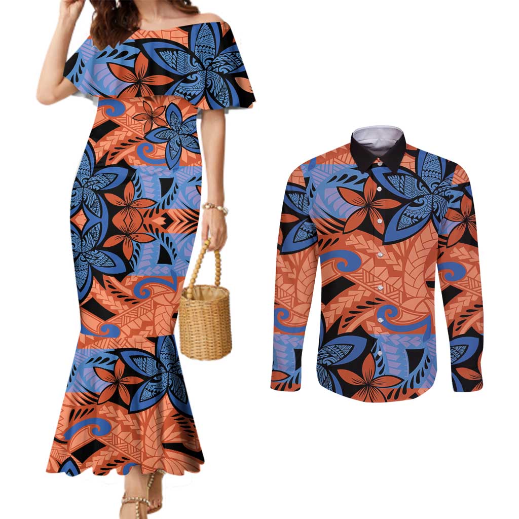 Plumeria Polynesian Pattern Couples Matching Mermaid Dress and Long Sleeve Button Shirt Unique Fantasy Orange Blue LT01 Orange - Polynesian Pride