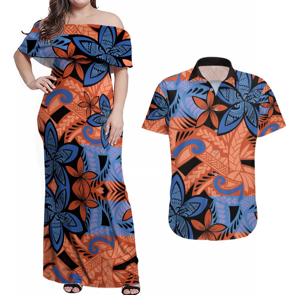 Plumeria Polynesian Pattern Couples Matching Off Shoulder Maxi Dress and Hawaiian Shirt Unique Fantasy Orange Blue LT01 Orange - Polynesian Pride