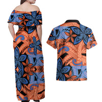 Plumeria Polynesian Pattern Couples Matching Off Shoulder Maxi Dress and Hawaiian Shirt Unique Fantasy Orange Blue LT01 - Polynesian Pride