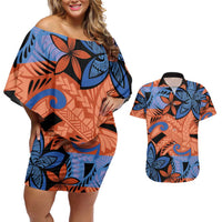 Plumeria Polynesian Pattern Couples Matching Off Shoulder Short Dress and Hawaiian Shirt Unique Fantasy Orange Blue LT01 Orange - Polynesian Pride
