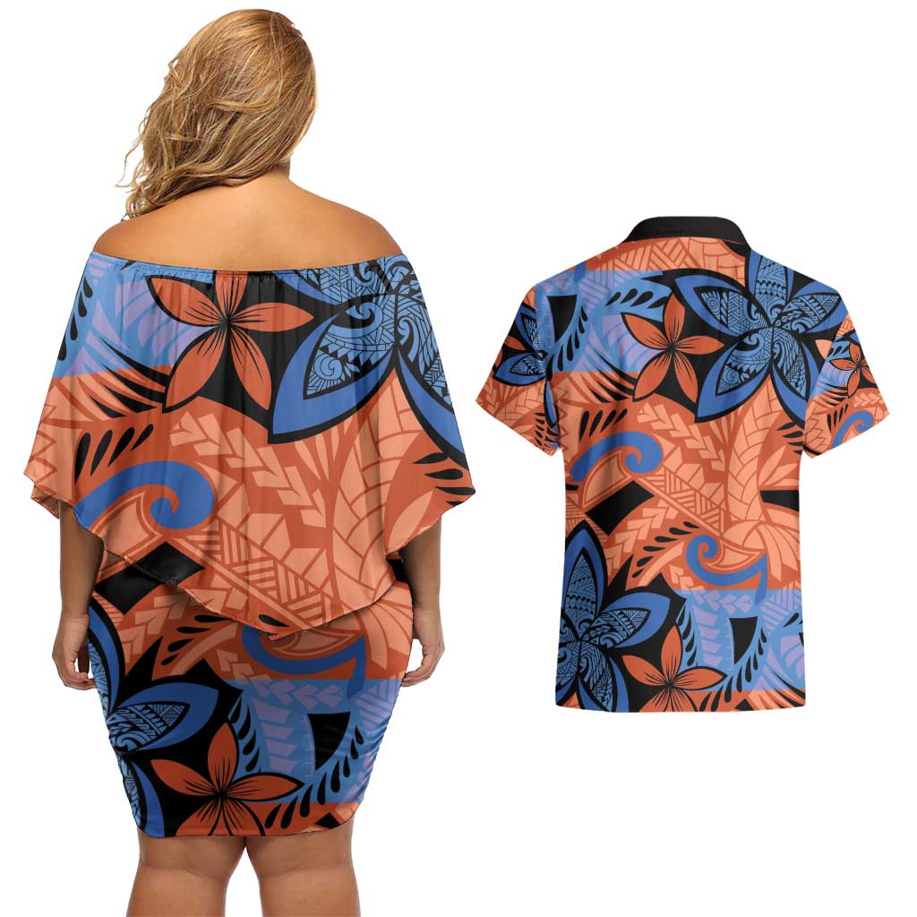 Plumeria Polynesian Pattern Couples Matching Off Shoulder Short Dress and Hawaiian Shirt Unique Fantasy Orange Blue LT01 - Polynesian Pride