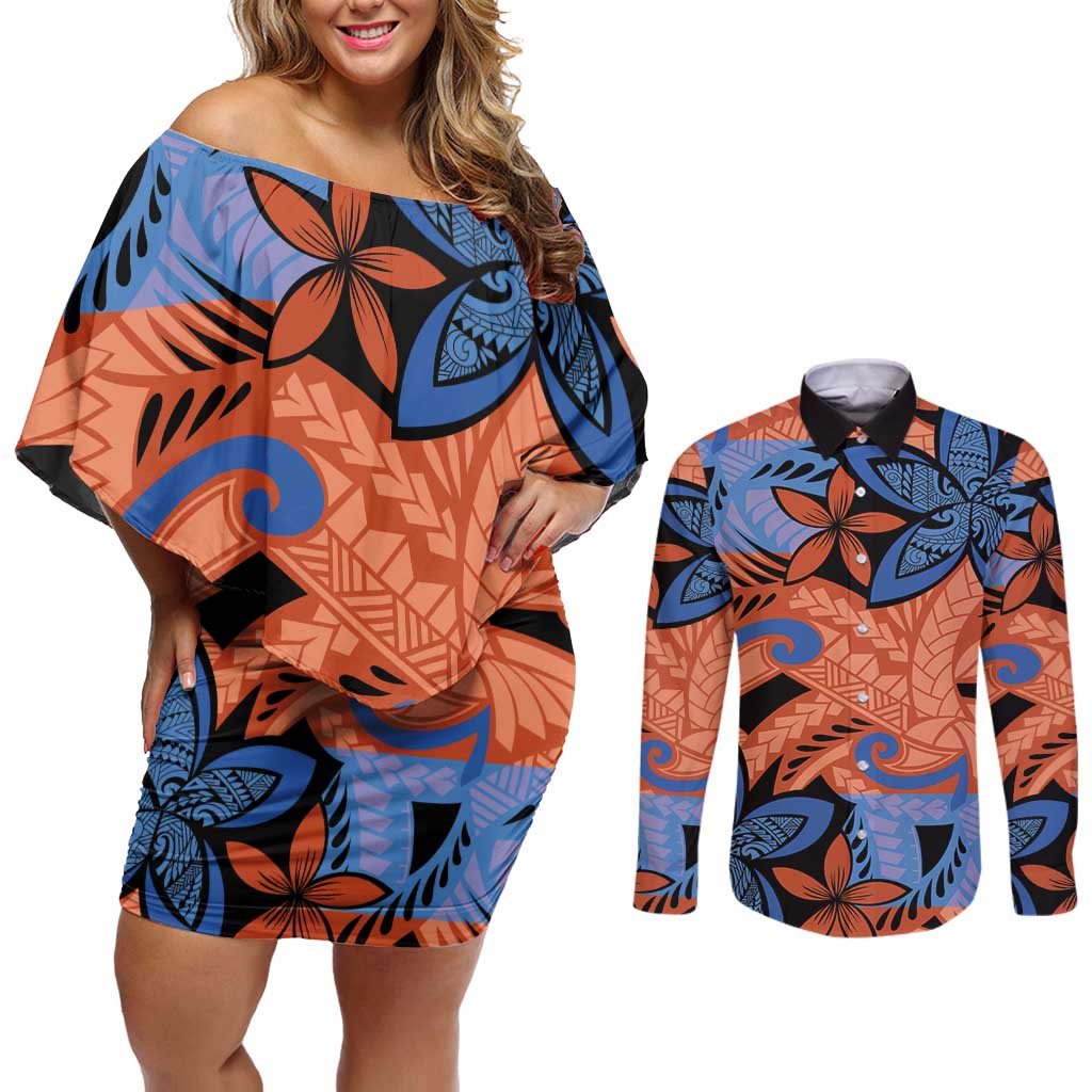 Plumeria Polynesian Pattern Couples Matching Off Shoulder Short Dress and Long Sleeve Button Shirt Unique Fantasy Orange Blue LT01 Orange - Polynesian Pride