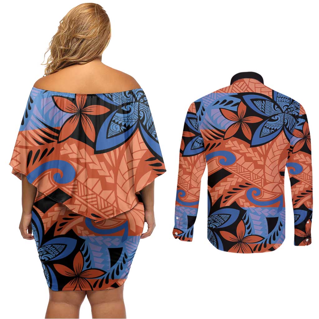 Plumeria Polynesian Pattern Couples Matching Off Shoulder Short Dress and Long Sleeve Button Shirt Unique Fantasy Orange Blue LT01 - Polynesian Pride
