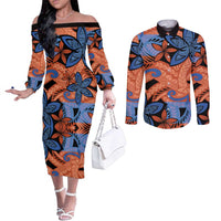 Plumeria Polynesian Pattern Couples Matching Off The Shoulder Long Sleeve Dress and Long Sleeve Button Shirt Unique Fantasy Orange Blue