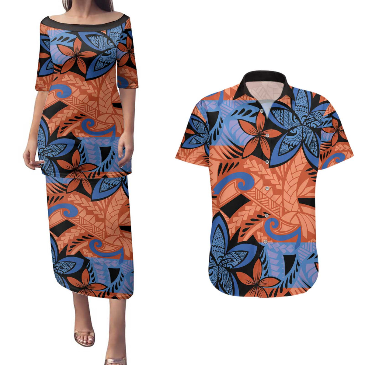 Plumeria Polynesian Pattern Couples Matching Puletasi and Hawaiian Shirt Unique Fantasy Orange Blue LT01 Orange - Polynesian Pride