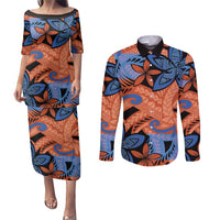 Plumeria Polynesian Pattern Couples Matching Puletasi and Long Sleeve Button Shirt Unique Fantasy Orange Blue LT01 Orange - Polynesian Pride