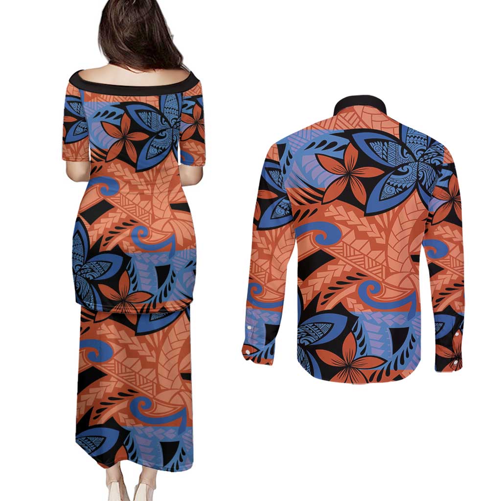 Plumeria Polynesian Pattern Couples Matching Puletasi and Long Sleeve Button Shirt Unique Fantasy Orange Blue LT01 - Polynesian Pride