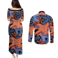 Plumeria Polynesian Pattern Couples Matching Puletasi and Long Sleeve Button Shirt Unique Fantasy Orange Blue LT01 - Polynesian Pride