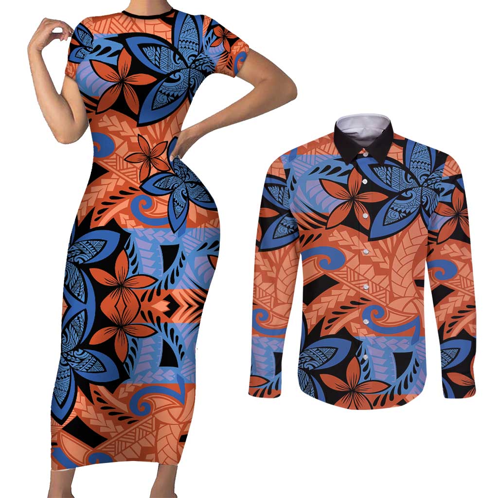 Plumeria Polynesian Pattern Couples Matching Short Sleeve Bodycon Dress and Long Sleeve Button Shirt Unique Fantasy Orange Blue LT01 Orange - Polynesian Pride