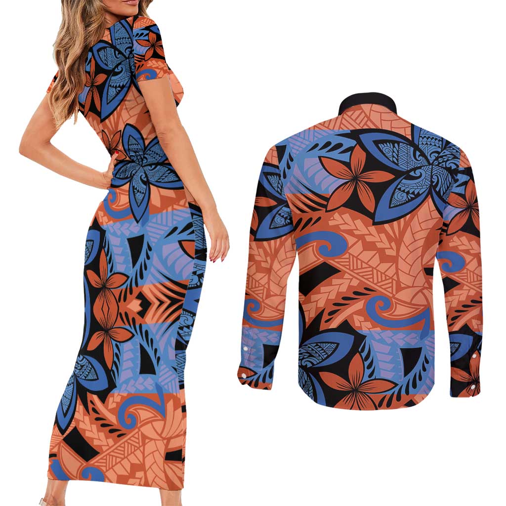Plumeria Polynesian Pattern Couples Matching Short Sleeve Bodycon Dress and Long Sleeve Button Shirt Unique Fantasy Orange Blue LT01 - Polynesian Pride