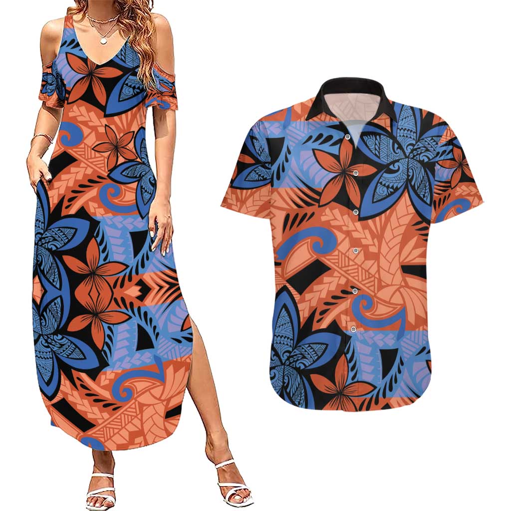 Plumeria Polynesian Pattern Couples Matching Summer Maxi Dress and Hawaiian Shirt Unique Fantasy Orange Blue LT01 Orange - Polynesian Pride
