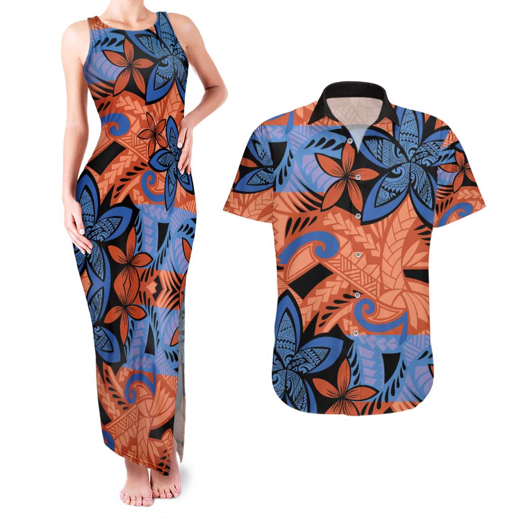 Plumeria Polynesian Pattern Couples Matching Tank Maxi Dress and Hawaiian Shirt Unique Fantasy Orange Blue LT01 Orange - Polynesian Pride