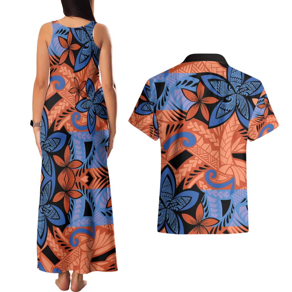 Plumeria Polynesian Pattern Couples Matching Tank Maxi Dress and Hawaiian Shirt Unique Fantasy Orange Blue LT01 - Polynesian Pride
