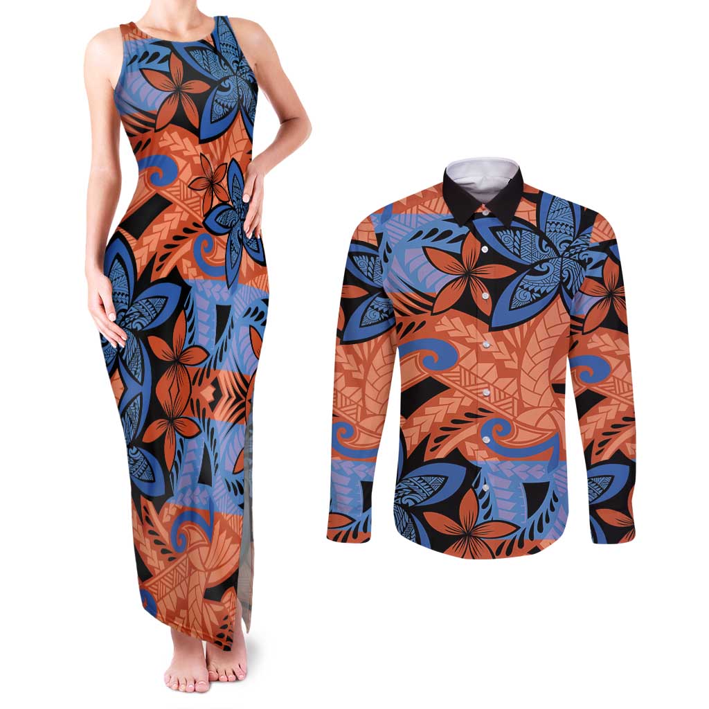 Plumeria Polynesian Pattern Couples Matching Tank Maxi Dress and Long Sleeve Button Shirt Unique Fantasy Orange Blue LT01 Orange - Polynesian Pride
