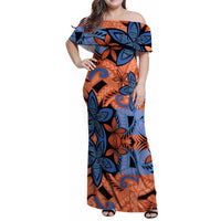 Plumeria Polynesian Pattern Family Matching Off Shoulder Maxi Dress and Hawaiian Shirt Unique Fantasy Orange Blue