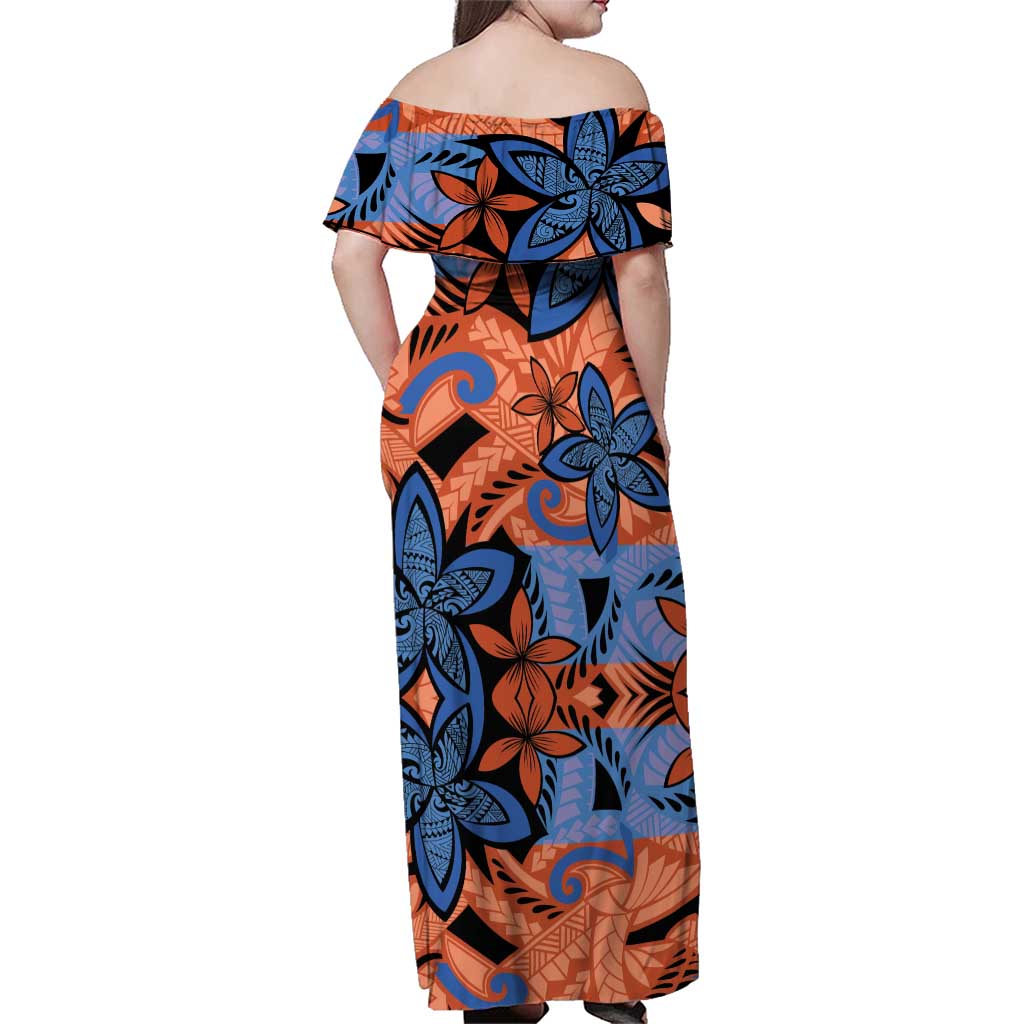 Plumeria Polynesian Pattern Family Matching Off Shoulder Maxi Dress and Hawaiian Shirt Unique Fantasy Orange Blue
