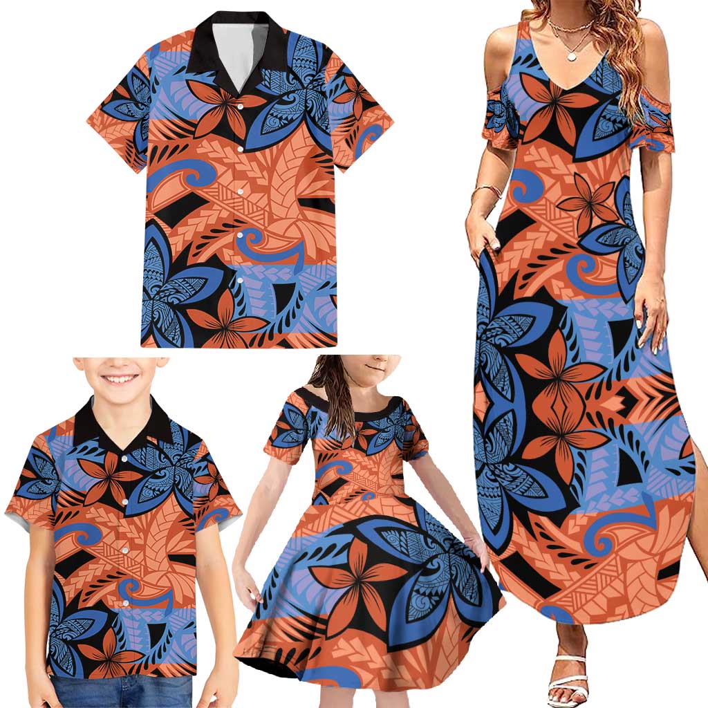 Plumeria Polynesian Pattern Family Matching Summer Maxi Dress and Hawaiian Shirt Unique Fantasy Orange Blue