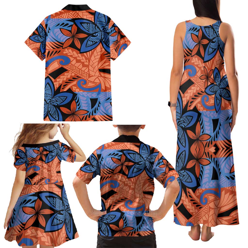 Plumeria Polynesian Pattern Family Matching Tank Maxi Dress and Hawaiian Shirt Unique Fantasy Orange Blue