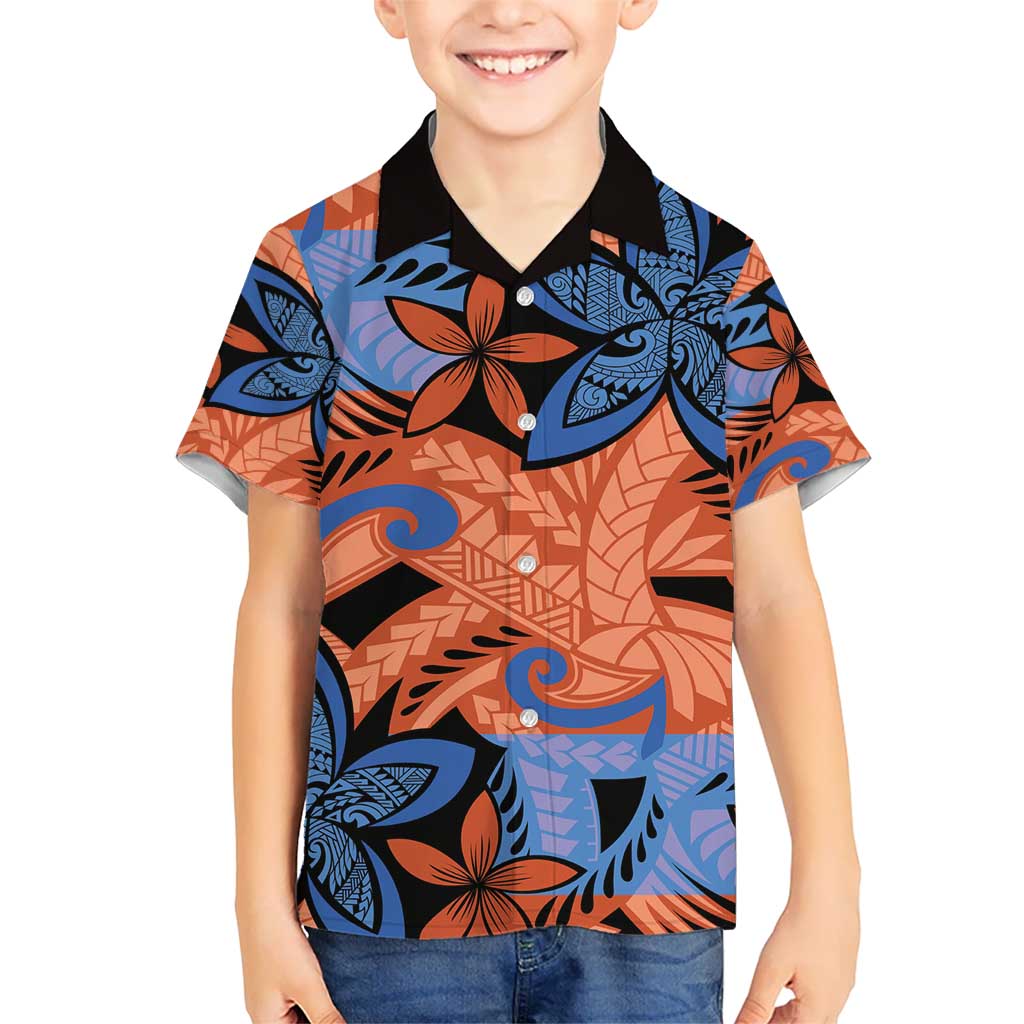 Plumeria Polynesian Pattern Kid Hawaiian Shirt Unique Fantasy Orange Blue LT01 Kid Orange - Polynesian Pride
