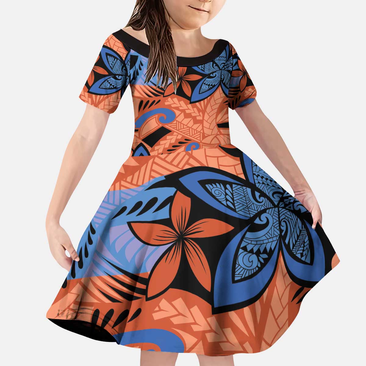 Plumeria Polynesian Pattern Kid Short Sleeve Dress Unique Fantasy Orange Blue LT01 KID Orange - Polynesian Pride
