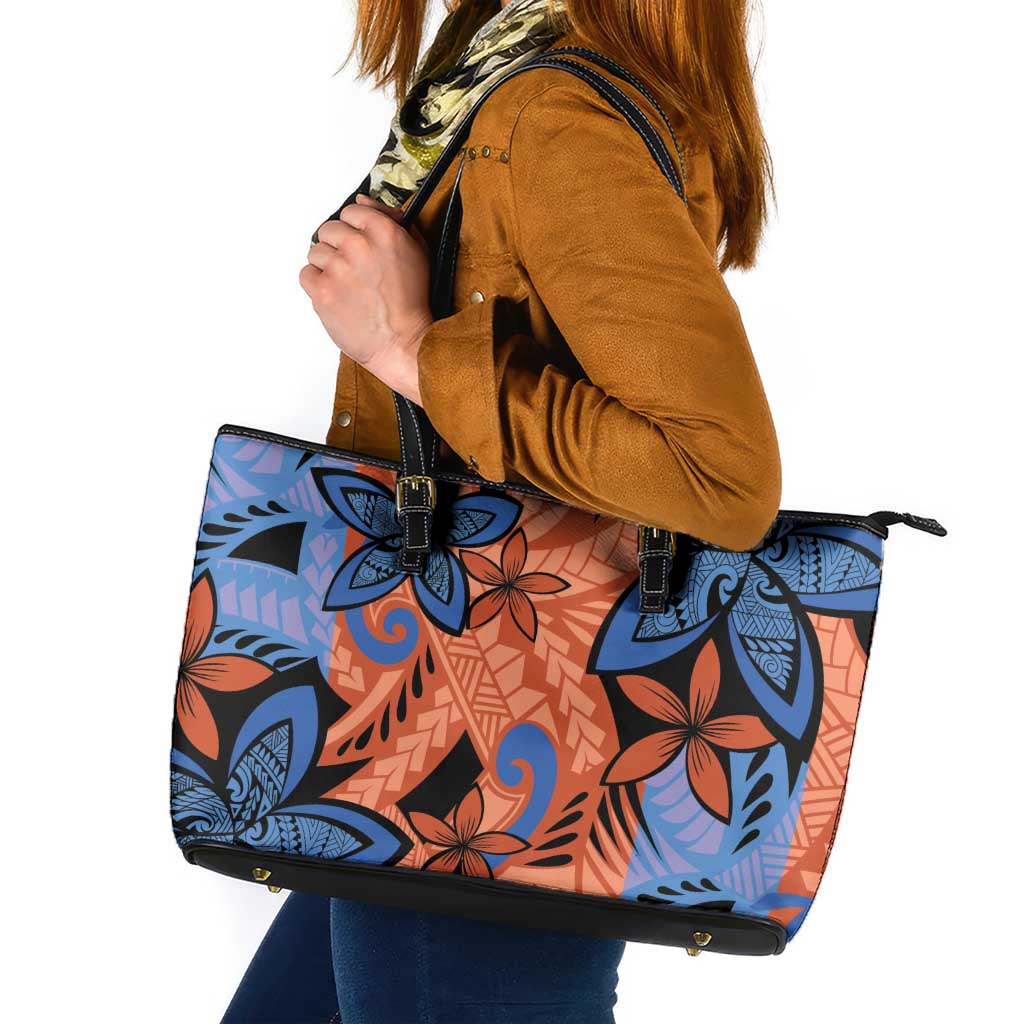 Plumeria Polynesian Pattern Leather Tote Bag Unique Fantasy Orange Blue