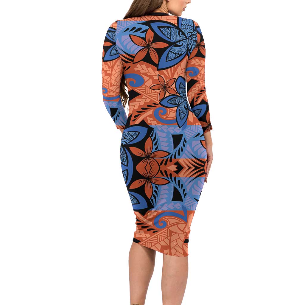 Plumeria Polynesian Pattern Long Sleeve Bodycon Dress Unique Fantasy Orange Blue