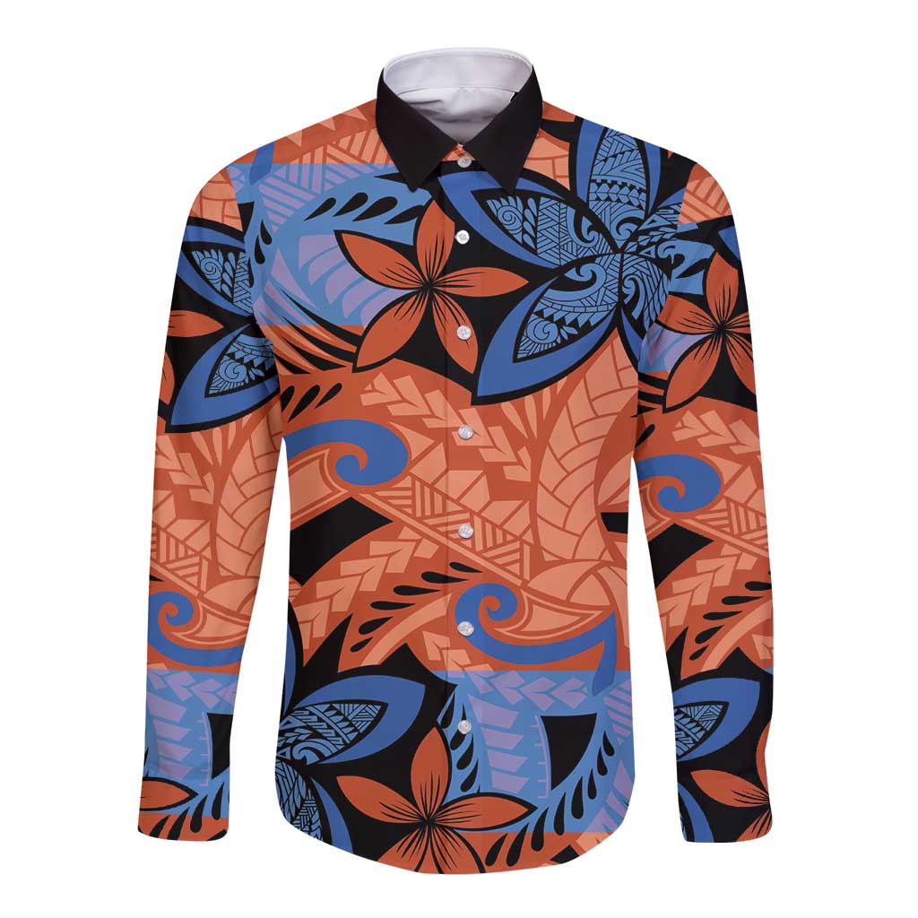 Plumeria Polynesian Pattern Long Sleeve Button Shirt Unique Fantasy Orange Blue LT01 Unisex Orange - Polynesian Pride