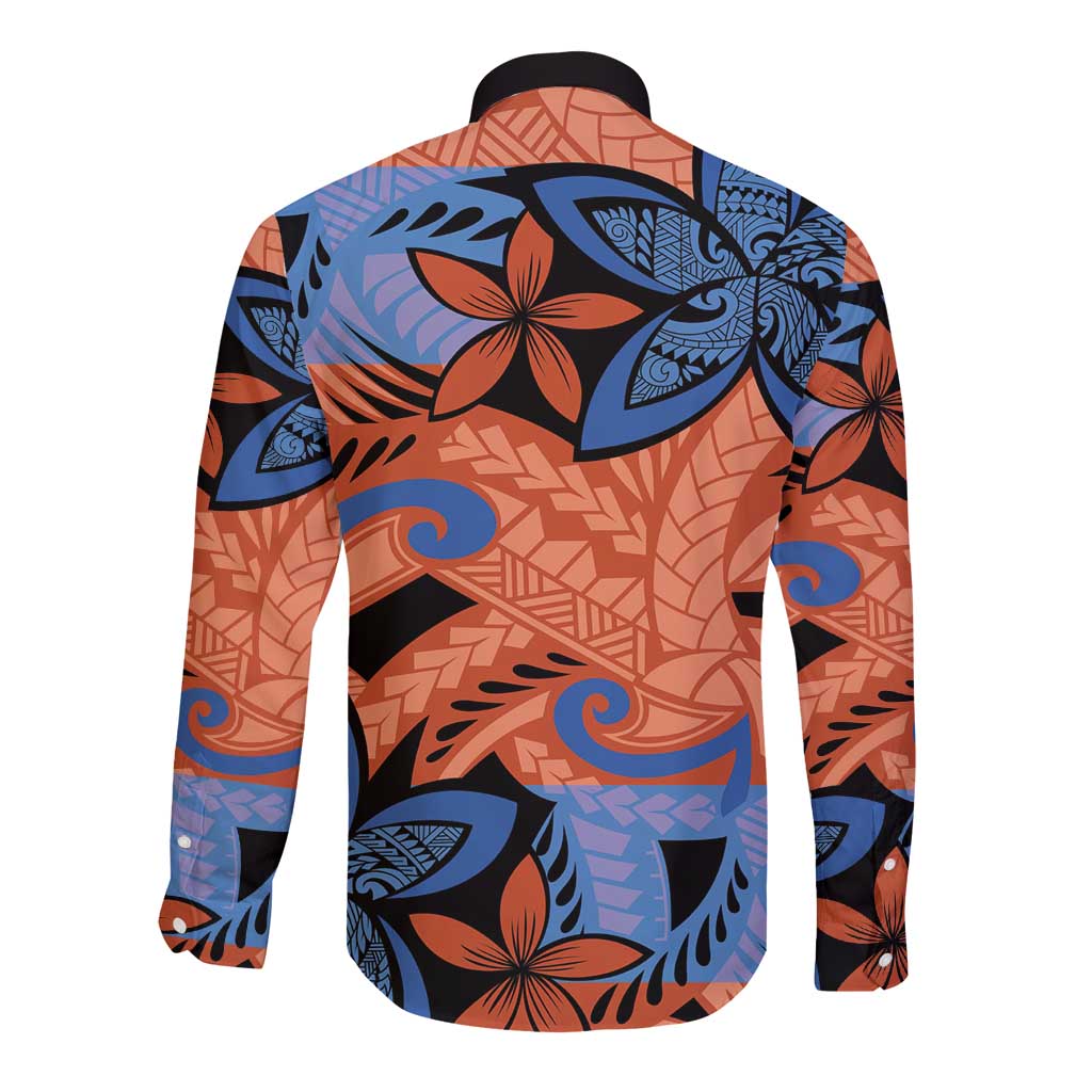 Plumeria Polynesian Pattern Long Sleeve Button Shirt Unique Fantasy Orange Blue LT01 - Polynesian Pride